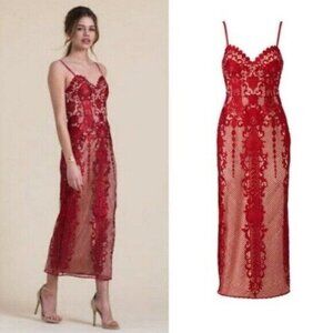 Catherine Deane Red Lace Lena Dress Size 0 Embroidered Sheath Sweetheart FLAW